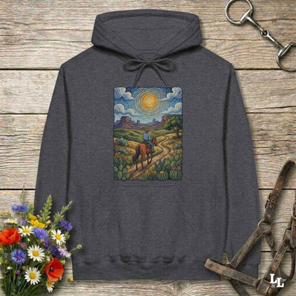 gray  Hoodie, Gogh Outside graphic design,  lying on wooden floor with equestrian halter and horse bit