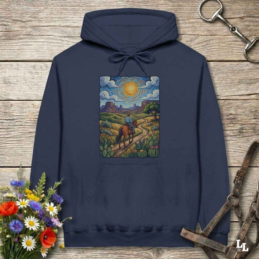 blue  Hoodie, Gogh Outside graphic design,  lying on wooden floor with equestrian halter and horse bit