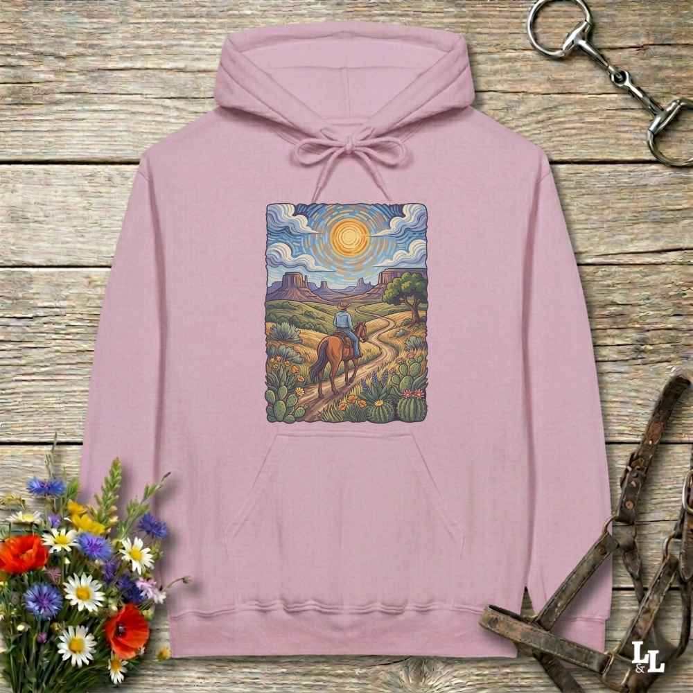 Pink Hoodie, Gogh Outside graphic design,  lying on wooden floor with equestrian halter and horse bit