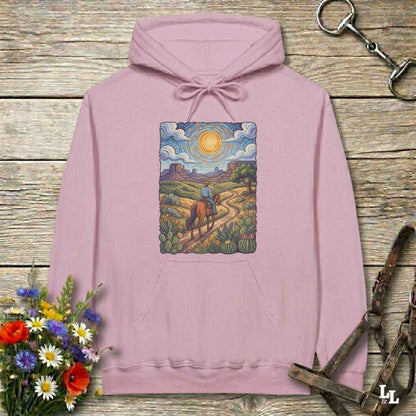 Pink Hoodie, Gogh Outside graphic design,  lying on wooden floor with equestrian halter and horse bit