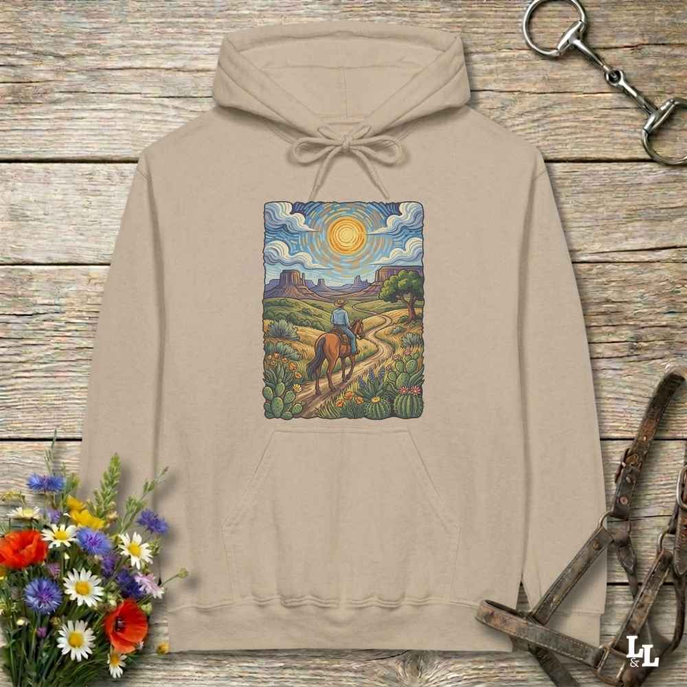 beige  Hoodie, Gogh Outside graphic design,  lying on wooden floor with equestrian halter and horse bit