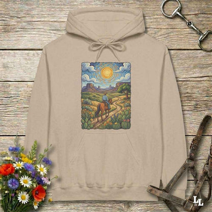 beige  Hoodie, Gogh Outside graphic design,  lying on wooden floor with equestrian halter and horse bit