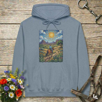 blue  Hoodie, Gogh Outside graphic design,  lying on wooden floor with equestrian halter and horse bit