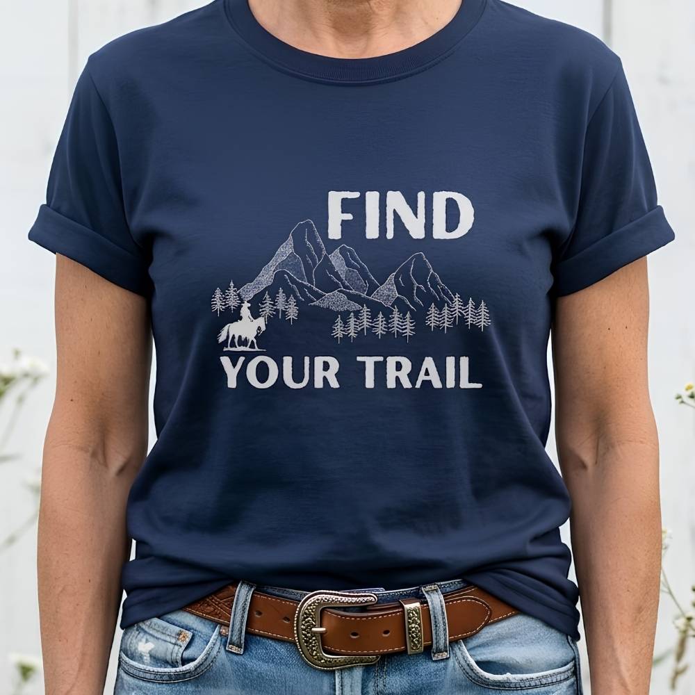 Navy blue t-shirt with 'Find Your Trail' graphic and text, worn by a person.