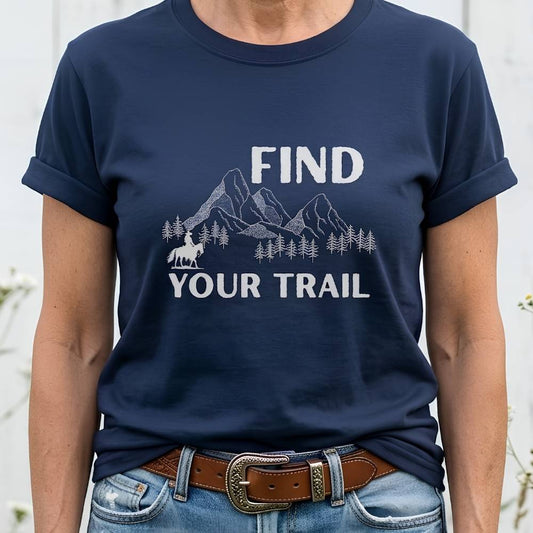 Navy blue t-shirt with 'Find Your Trail' graphic and text, worn by a person.