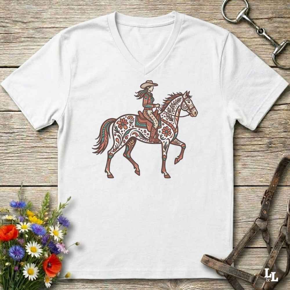 A white V-neck t-shirt laid flat on a rustic wooden surface, featuring a graphic of a cowboy riding a patterned horse. The shirt is styled with equestrian props, including a halter, a horse bit, and a small bouquet of colorful wildflowers.