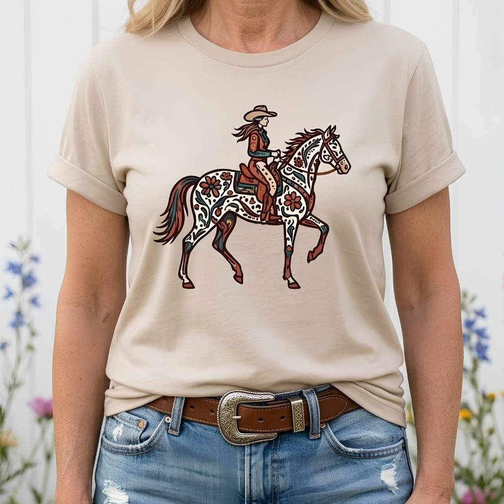 Person wearing a beige t-shirt with a graphic of a cowgirl on a horse.