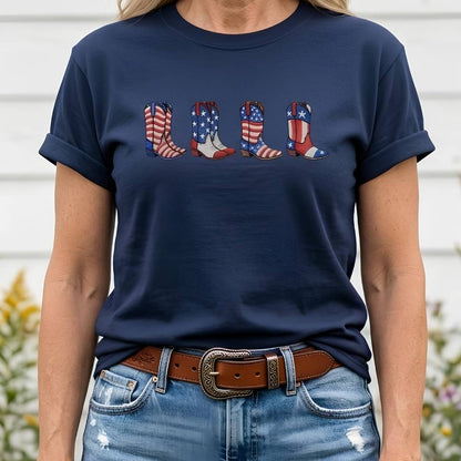 Person wearing a navy blue t-shirt with American flag cowboy boot design.