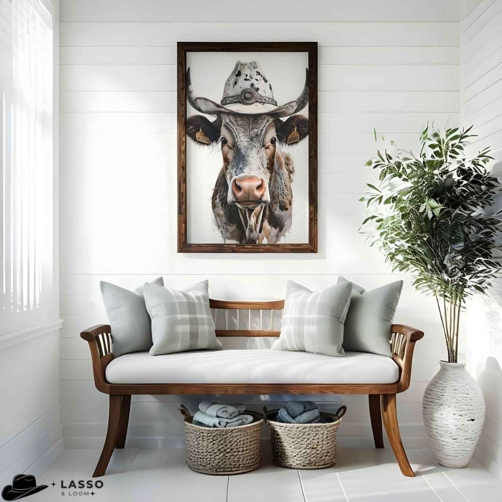Framed picture of a cow wearing a hat above a wooden bench with cushions in a room. Longhorn Cow Poster.