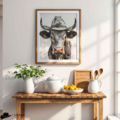 Framed picture of a cow wearing a cowboy hat on a wall above a wooden table with kitchen items. Longhorn Cow Poster.