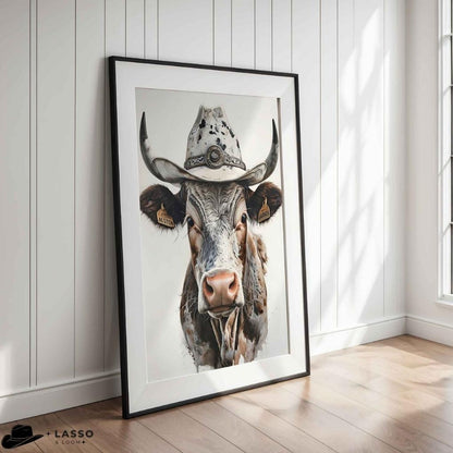 Framed artwork of a cow wearing a cowboy hat on a white wall. Longhorn Cow Poster.