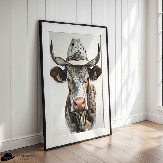 Framed artwork of a cow wearing a cowboy hat on a white wall. Longhorn Cow Poster.