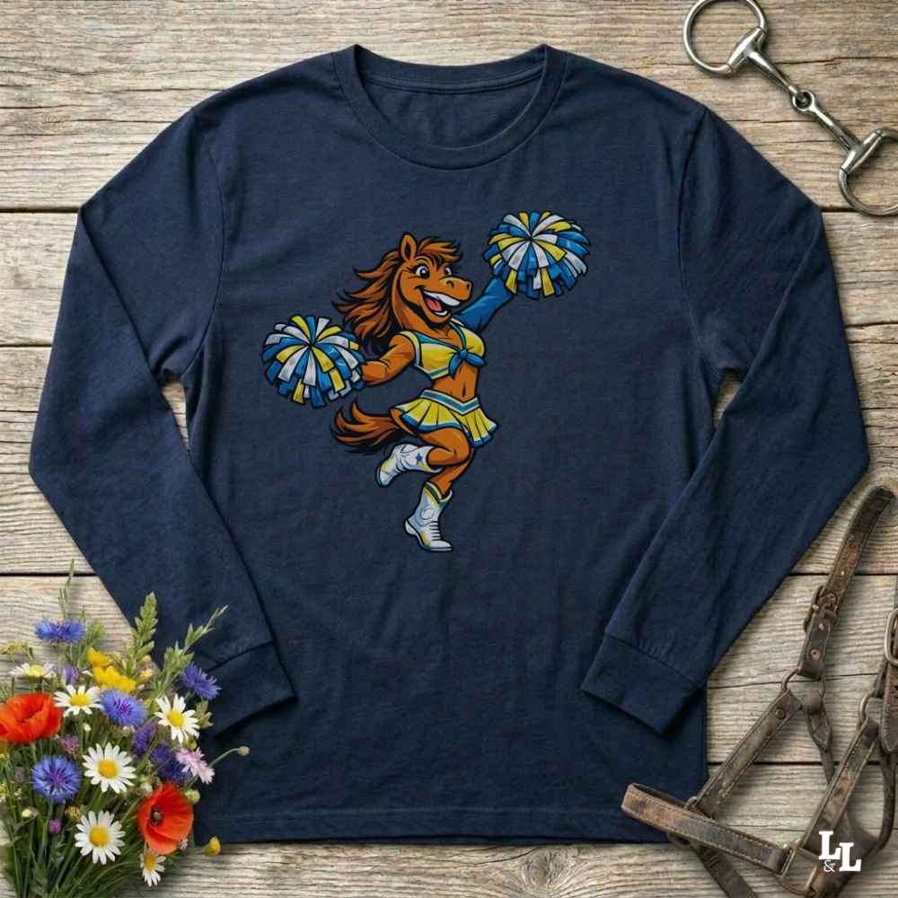 Navy blue long-sleeve shirt with a cartoon horse design holding pom-poms on a wooden surface.