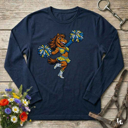 Navy blue long-sleeve shirt with a cartoon horse design holding pom-poms on a wooden surface.
