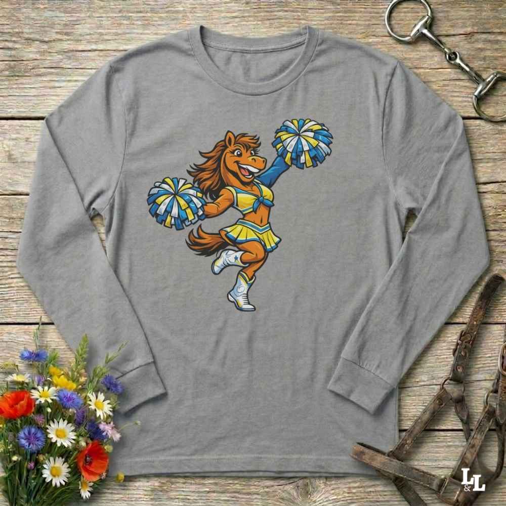 Gray long-sleeve shirt with a horse cheerleader design on a wooden surface with flowers and a key.