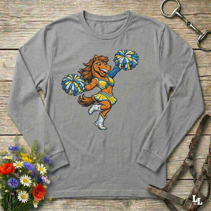 Gray long-sleeve shirt with a horse cheerleader design on a wooden surface with flowers and a key.