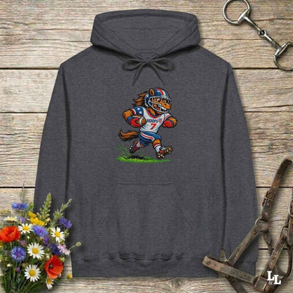 dark heather hoodie with horse mascot playing american football, lying on wooden background with equestrian accessories