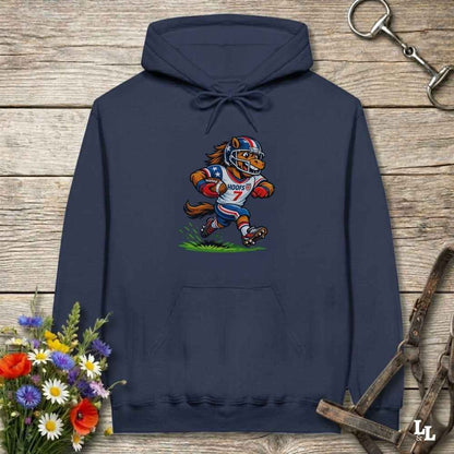blue hoodie with horse mascot playing american football, lying on wooden background with equestrian accessories