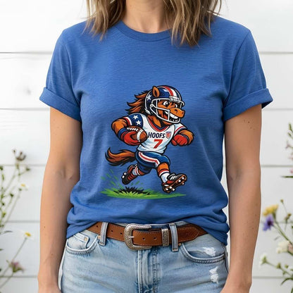 Person wearing a blue t-shirt with a cartoon horse graphic and text.
