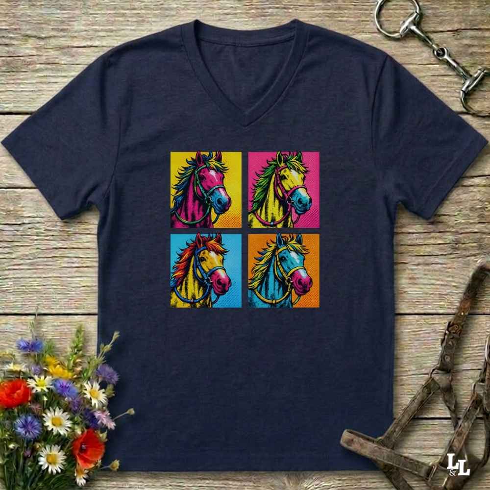 A navy blue V-neck t-shirt laid flat on a rustic wooden surface, featuring a colorful pop-art graphic of four horse heads in a grid. The shirt is styled with equestrian accessories, including a horse bit in the top right and a bridle strap in the bottom right, with a small bouquet of wildflowers in the bottom left.