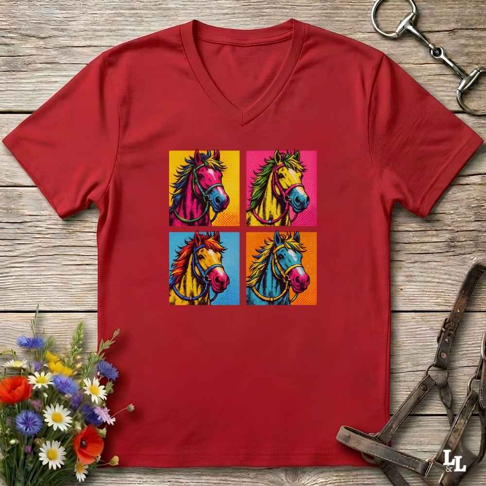A red V-neck t-shirt laid flat on a rustic wooden surface, featuring a colorful pop-art graphic of four horse heads in a 2x2 grid. The shirt is styled with equestrian-themed props, including a horse bit in the top right, a halter in the bottom right, and a small bouquet of wildflowers in the bottom left.
