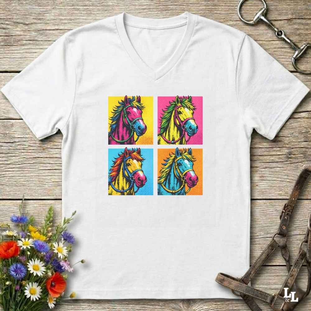 A white V-neck t-shirt laid flat on a rustic wooden surface, featuring a colorful graphic print of four stylized horse heads in a pop-art style. The t-shirt is styled with equestrian props, including a leather bridle and horse bits, and a small bouquet of wildflowers.