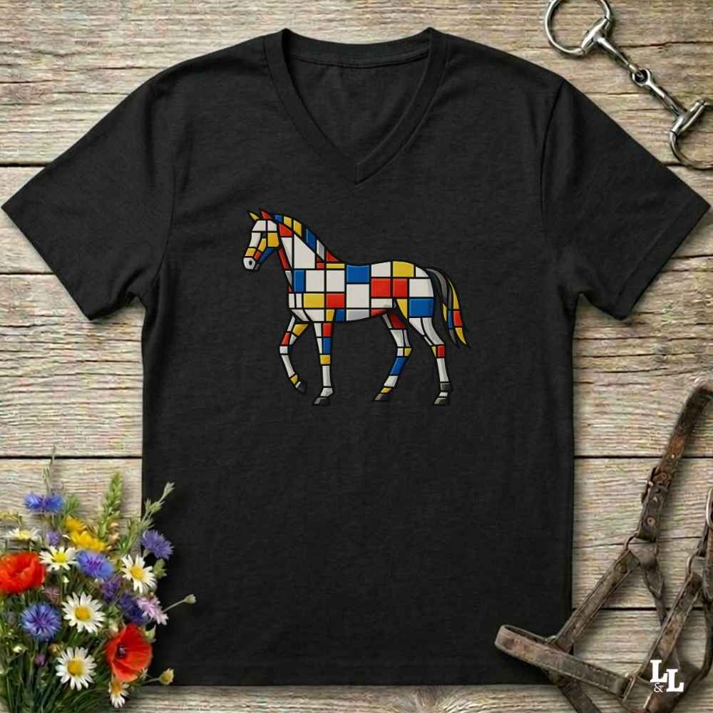 A black V-neck t-shirt featuring a colorful geometric horse graphic on the chest, styled on a rustic wooden background with equestrian accessories and flowers.