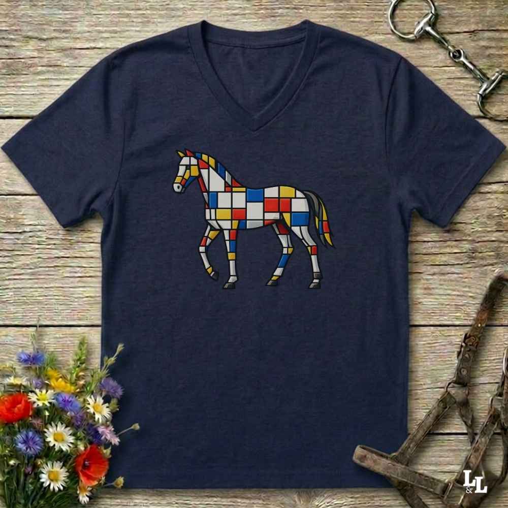 A navy blue V-neck t-shirt laid flat on a rustic wooden surface, featuring a colorful geometric horse graphic in the center. The shirt is styled with equestrian-themed props, including a halter, tack, and a small bouquet of wildflowers.