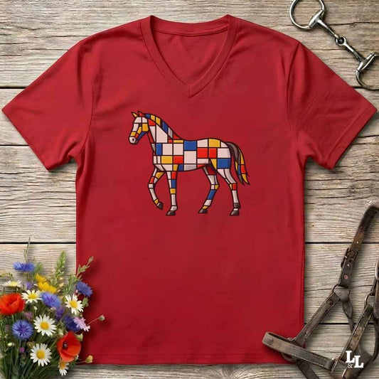 A red V-neck t-shirt featuring a colorful geometric horse graphic on the chest, styled in a flat-lay on a rustic wooden background with equestrian accessories and flowers.