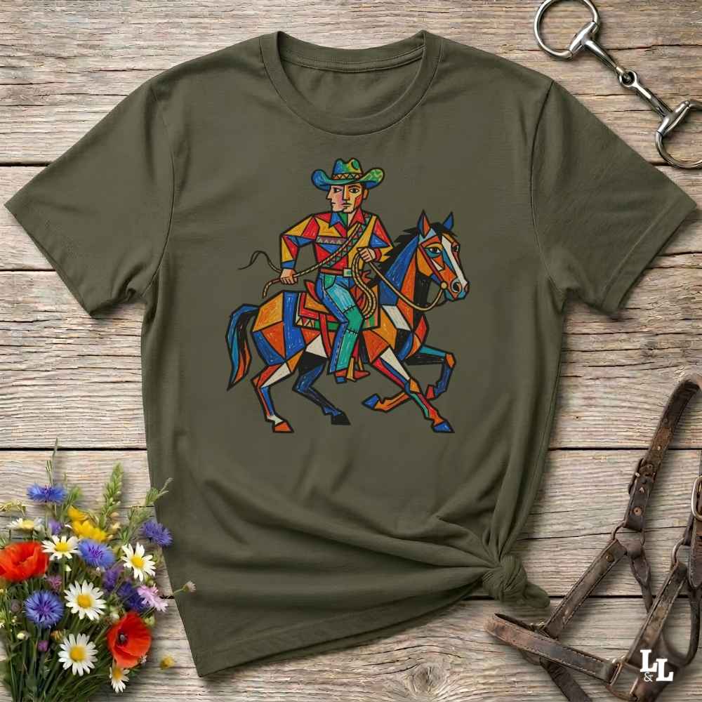 An olive green short-sleeve t-shirt with a colorful geometric graphic of a cowboy riding a horse, displayed on a rustic wooden background with decorative floral and leather props.