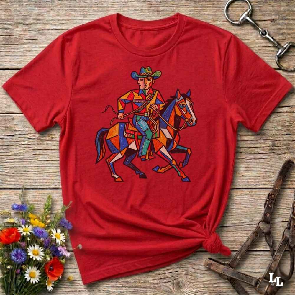 A red short-sleeve t-shirt with a colorful geometric cowboy on a horse graphic, styled flat on a rustic wooden background with a knot at the bottom and equestrian-themed props.