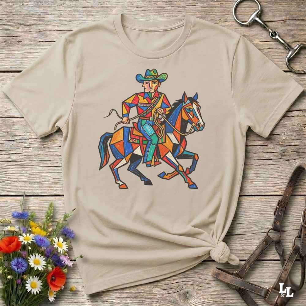 A beige short-sleeve t-shirt with a colorful geometric graphic of a cowboy riding a horse, styled flat on a rustic wooden surface with flowers and leather tack props.