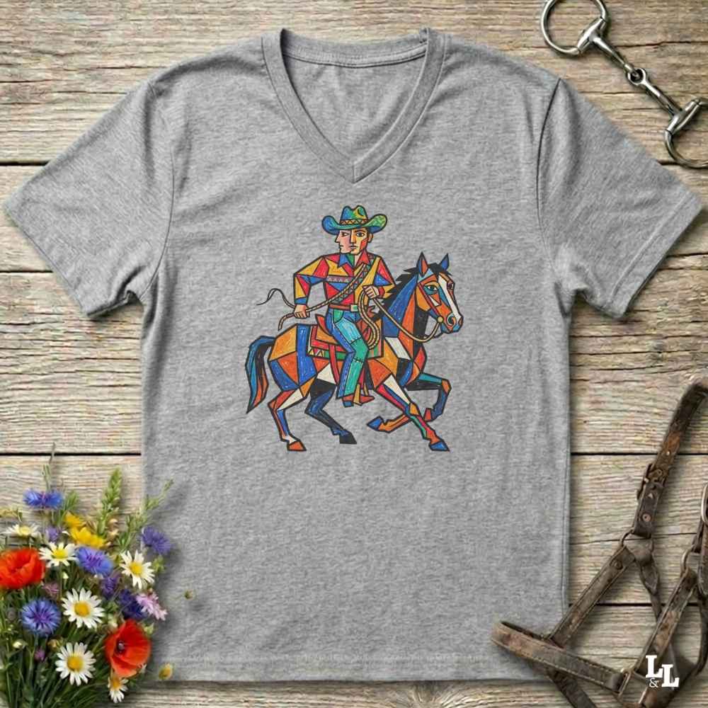A heather gray V-neck t-shirt featuring a colorful geometric graphic of a cowboy riding a horse, laid flat on a rustic wooden surface with decorative floral and leather props.