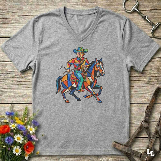 A heather gray V-neck t-shirt featuring a colorful geometric graphic of a cowboy riding a horse, laid flat on a rustic wooden surface with decorative floral and leather props.