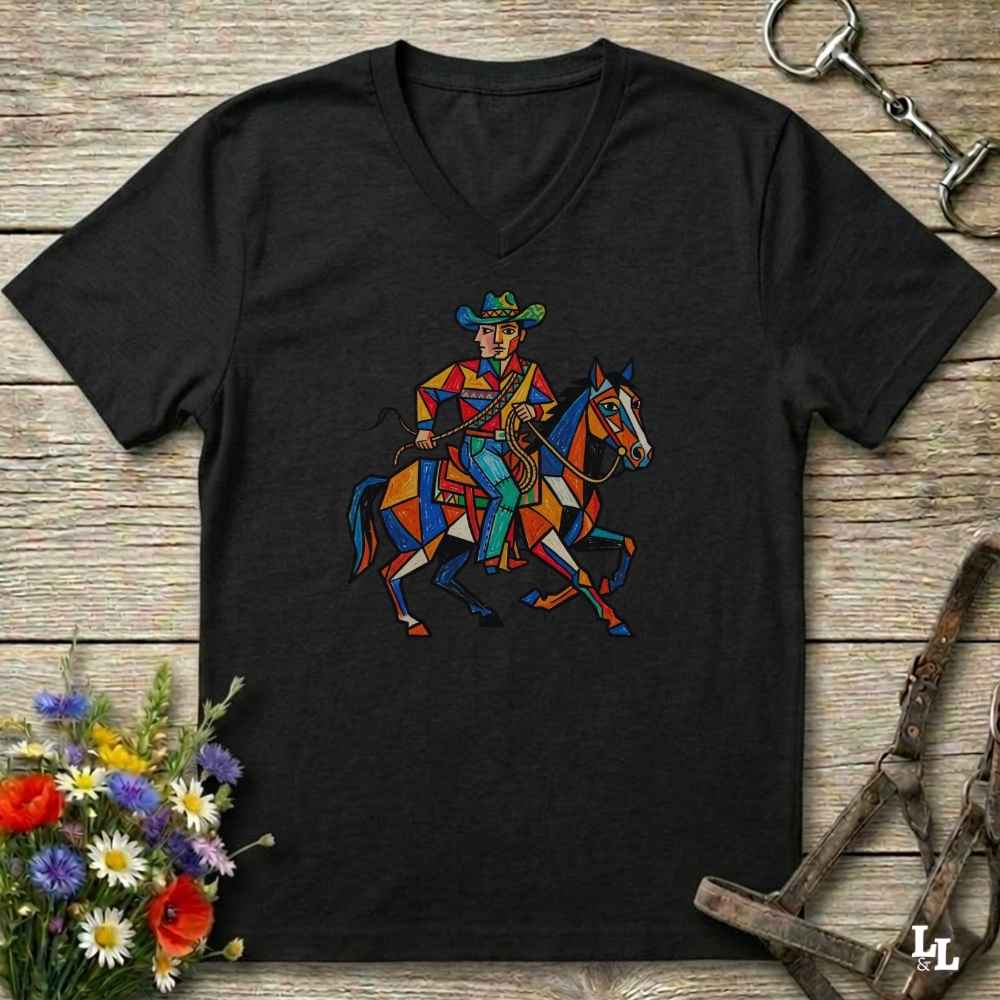 A black V-neck t-shirt featuring a colorful geometric graphic of a cowboy riding a horse, laid flat on a rustic wooden background with decorative flowers and leather tack.