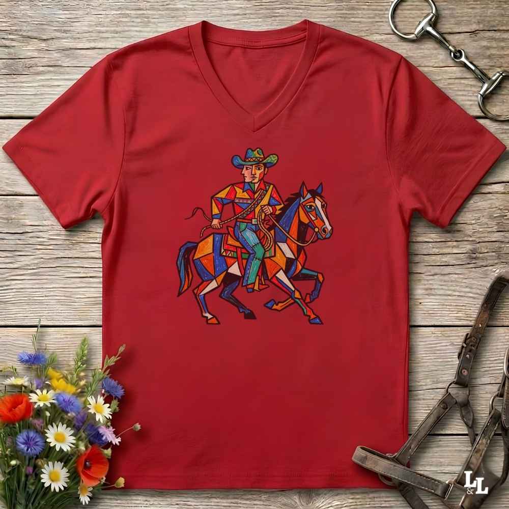 A red V-neck t-shirt featuring a colorful geometric illustration of a cowboy riding a horse, laid flat on a rustic wooden surface with equestrian and floral props.