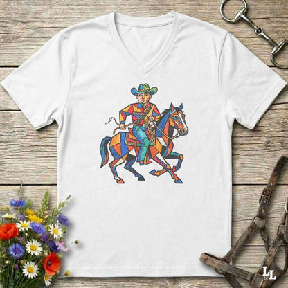 A white V-neck t-shirt laid flat on a rustic wooden surface, featuring a colorful geometric illustration of a cowboy riding a horse. The shirt is styled with equestrian props, including a horse bit in the top right and a leather bridle in the bottom right, with a small bouquet of wildflowers in the bottom left.