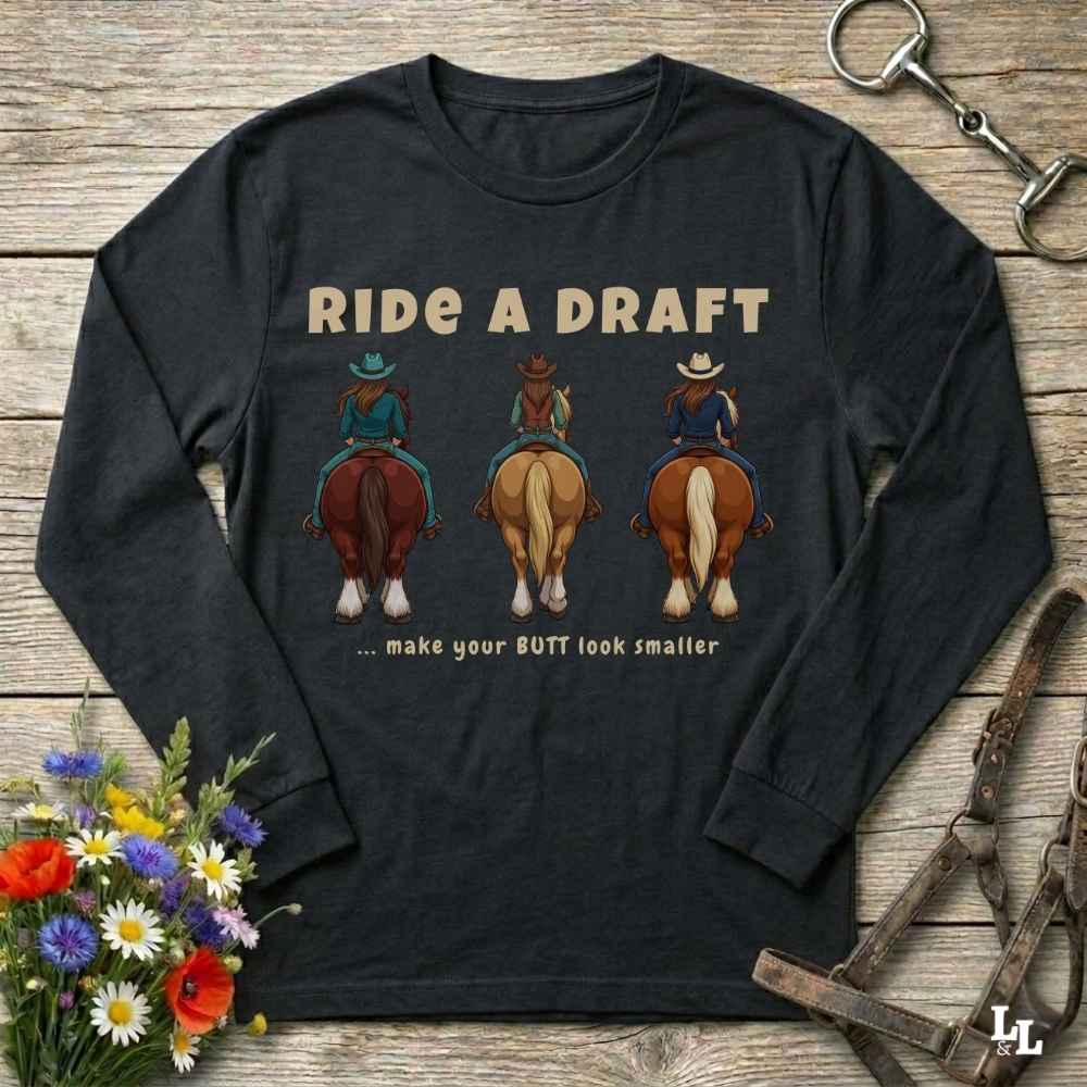 A black long-sleeve t-shirt with a western-themed graphic print reading 'RIDE A DRAFT .