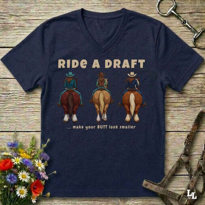 A navy blue V-neck t-shirt with a western-themed graphic print reading 'RIDE A DRAFT .