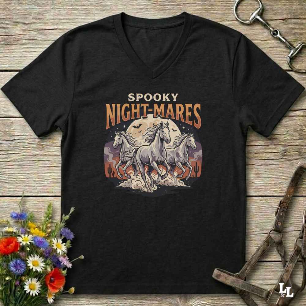 A black V-neck t-shirt with a 'Spooky Night-Mares' graphic featuring three white horses and a full moon, displayed on a rustic wooden background with equestrian accessories and flowers.