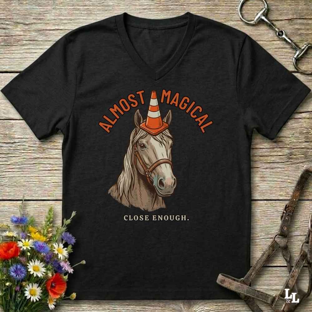 A black V-neck t-shirt laid flat on a rustic wooden surface, featuring a graphic of a horse wearing an orange-and-white traffic cone with the words 'ALMOST MAGICAL' above and 'CLOSE ENOUGH.' below.