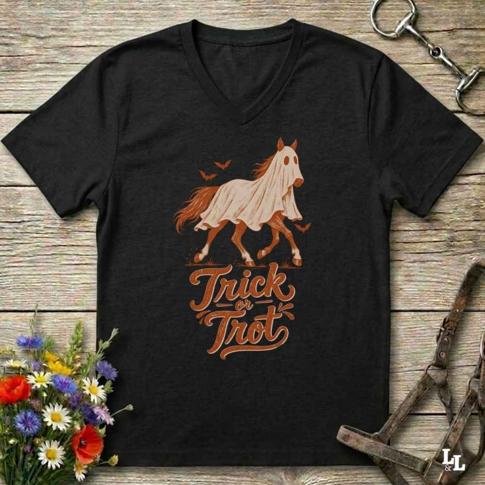 A black V-neck t-shirt featuring a graphic of a white horse with an orange mane and the words 'Trick or Treat' in orange script, laid flat on a rustic wooden background with equestrian and floral props.