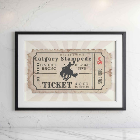 Framed Calgary Stampede ticket on a white wall. Vintage Rodeo Print for Horse Lovers, Western Style Decor, Western Print Cowboy Art