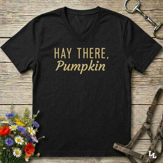 A black V-neck t-shirt with the phrase 'HAY THERE, Pumpkin' printed in gold lettering, displayed on a rustic wooden background with equestrian-themed props like a horse bit, bridle, and wildflowers.