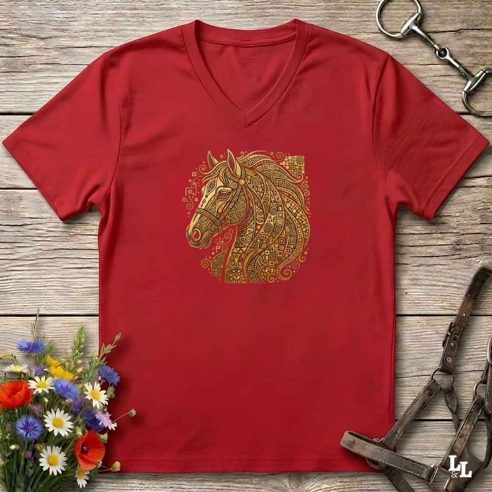 A red short-sleeve V-neck t-shirt with a detailed gold horse head graphic on the chest, laid flat on a rustic wooden surface with equestrian accessories and flowers as props.
