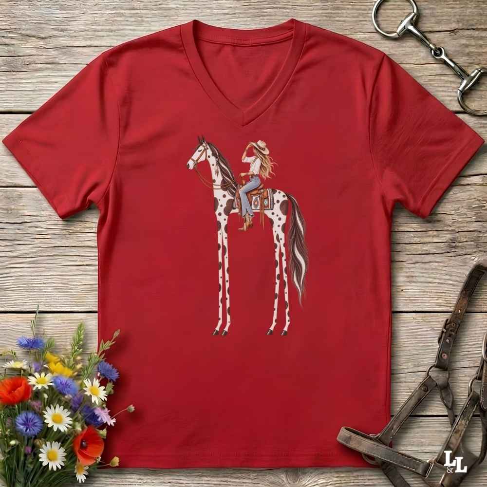 A red V-neck t-shirt laid flat on a rustic wooden surface, featuring a graphic of a woman riding a tall, spotted horse. The shirt is styled with equestrian accessories (a halter and bit) and a small bouquet of wildflowers.