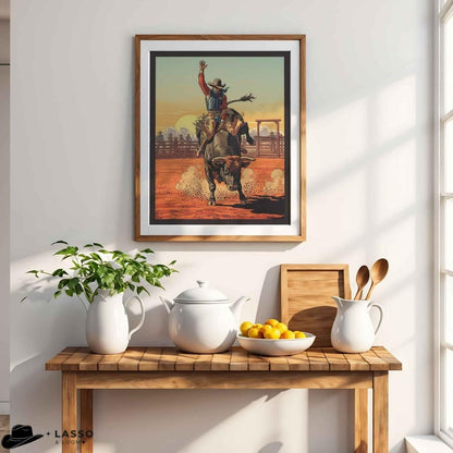 Framed cowboy painting above a wooden table with kitchen items. Southwestern Bull Rider Print, Western Art for Horse Lovers, Rustic Cowboy Art