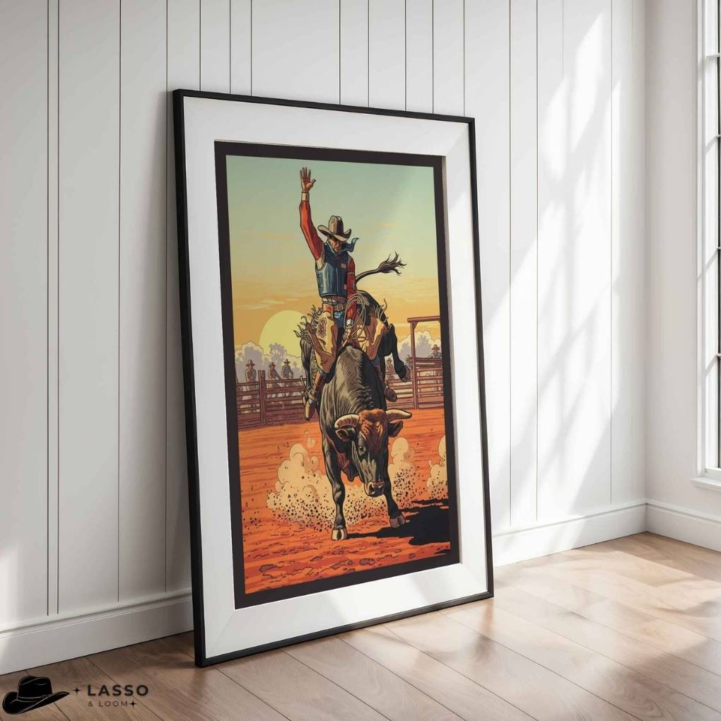 Framed artwork of a cowboy riding a bucking bronco on a wall. Southwestern Bull Rider Print, Western Art for Horse Lovers, Rustic Cowboy Art