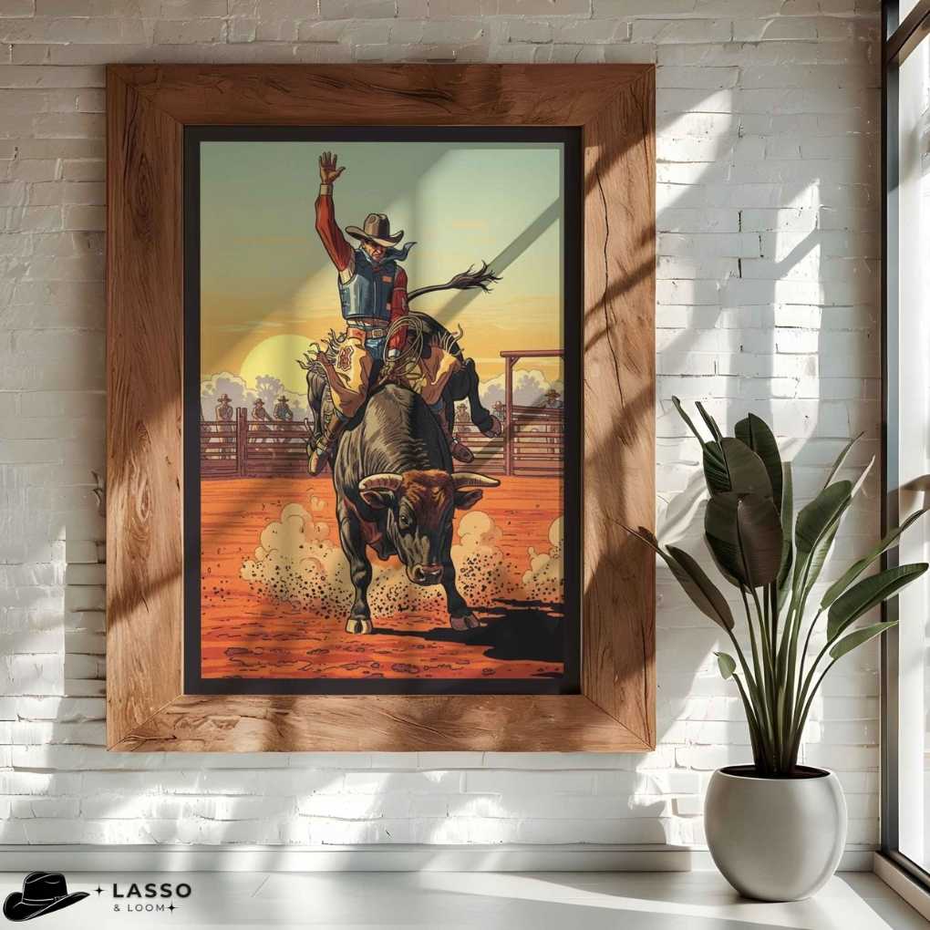 Framed artwork of a cowboy riding a bull on a brick wall with a plant in the corner. Southwestern Bull Rider Print, Western Art for Horse Lovers, Rustic Cowboy Art