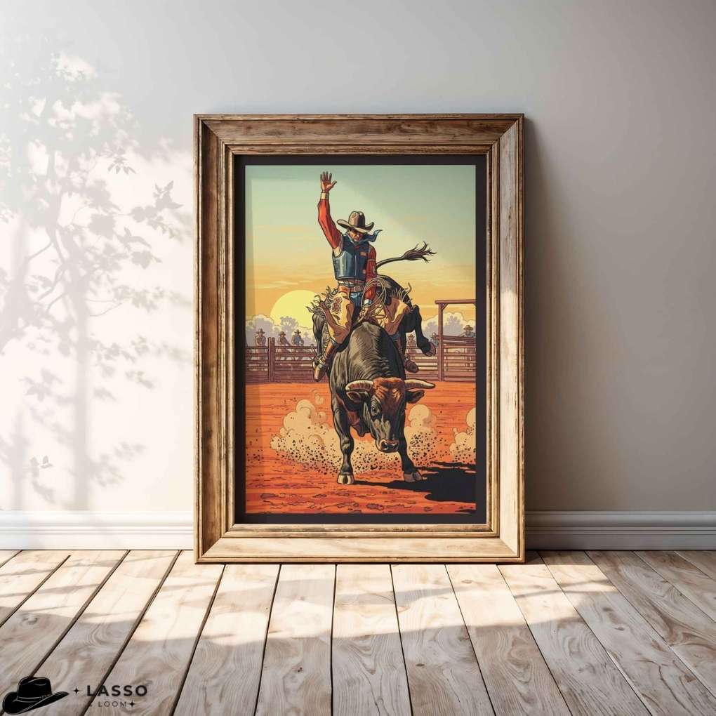 Framed artwork of a cowboy riding a bull in a rodeo arena on a wooden floor. Southwestern Bull Rider Print, Western Art for Horse Lovers, Rustic Cowboy Art